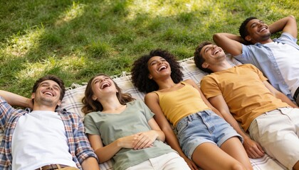 Fototapeta premium Smiling five friends lying side-by-side on grassy lawn with plaid blanket, wearing summer clothes
