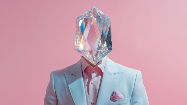Conceptual portrait of a businessman in a suit with a faceted crystal head on a pink background, symbol of business value and unique vision.