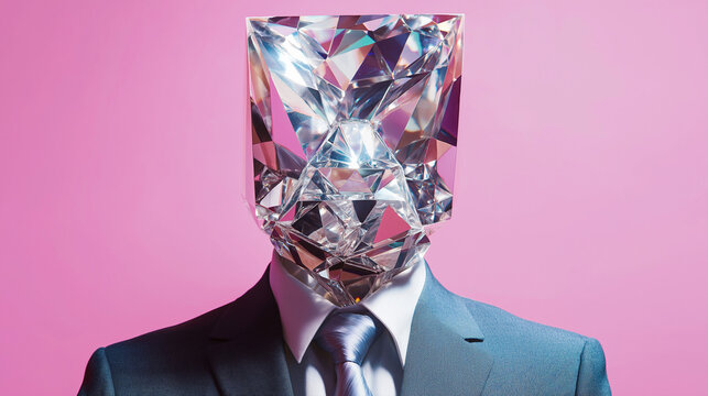 Conceptual portrait of a businessman in a suit with a faceted crystal head on a pink background, symbol of business value and unique vision.