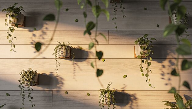Displaying hallway wall holding five mounted ceramic pots with trailing vines casting left shadows