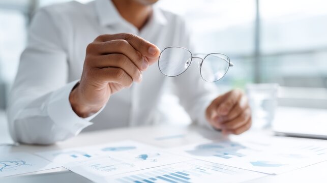 Hands hold glasses over reports