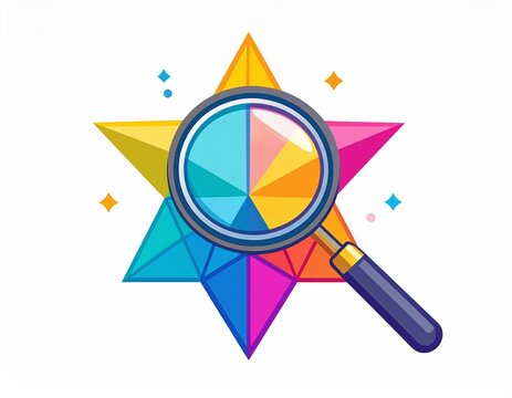 Colorful geometric star and magnifying glass vector icon representing creative search and design analysis