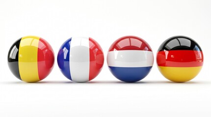 Fototapeta premium Flags of Belgium France Netherlands and Germany on shiny balls in a row on a plain surface