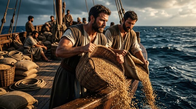 Apostle Paul and passengers on a ship throwing wheat into the sea to lighten the vessel during a storm. Biblical narrative from Acts 27. Ancient seafaring and maritime survival.