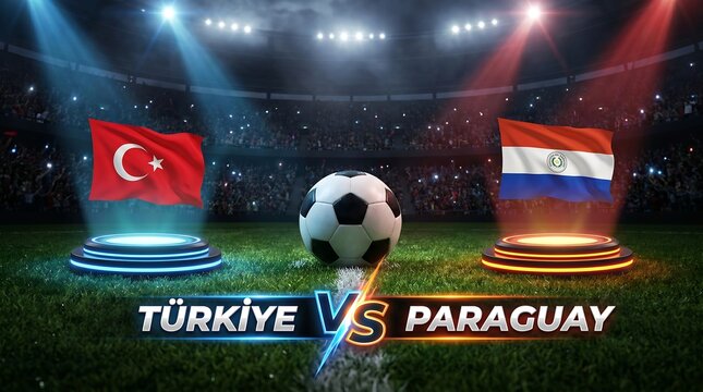 Soccer match concept with turkey and paraguay flags on a stadium background