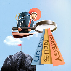 Creative business collage featuring a businessman with a giant magnifying glass exploring innovation, focus and strategy. © svetazi