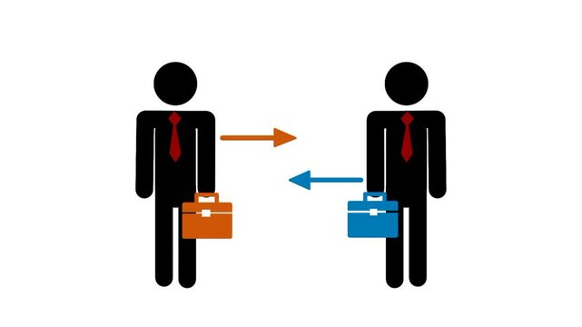 Job rotation concept featuring two businessman icons connected by opposite arrows, symbolizing role exchange, workforce mobility, and organizational flexibility.