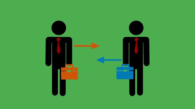 Job rotation concept featuring two businessman icons connected by opposite arrows, symbolizing role exchange, workforce mobility, and organizational flexibility.