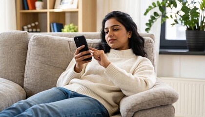 Fototapeta premium Holding black smartphone, Indian woman in cream sweater and jeans reclining on beige sofa at home