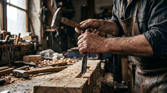 Craftsman carving wood with a chisel and hammer in workshop