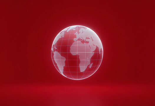 A Glowing White Wireframe Globe Displaying A Map Of The World Centered Against A Solid Red Background