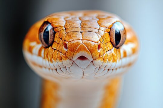 Close up view of a brown and orange snake with clear scales and big eyes