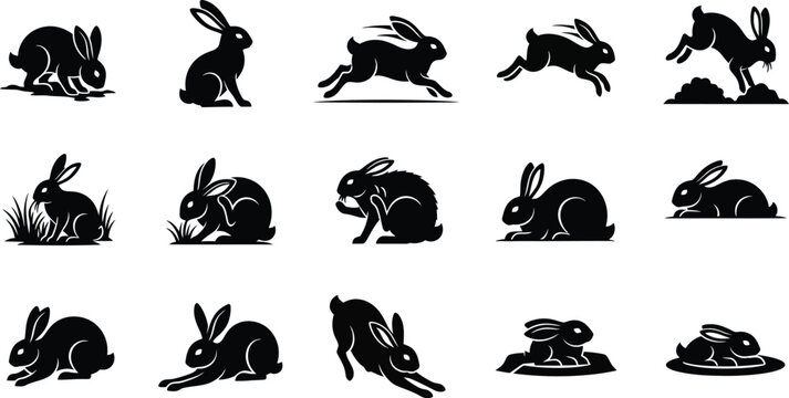 Wild rabbit movements and activities running hopping grooming eating grass solid black silhouette icon set