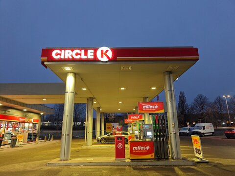 Varmland County, Sweden-Nov.26th 2025: Circle K gas station at night with miles+ fuel signage in Sweden