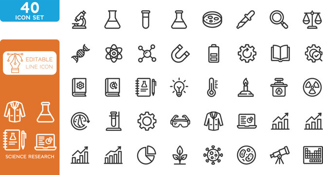 Minimalist Science research line editable Icons set. Vector illustration. Containing experiment, laboratory, scientist, and more. on transparent background.