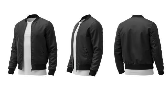 three identical blank black matte nylon bomber jackets, front, profile, and back views, layered over white t-shirts, hyperdetailed studio product shot on white. concept for professional fashion