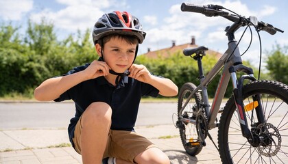 Fototapeta premium Fastening helmet chin strap, boy in navy polo, tan shorts kneeling on sidewalk near gray bicycle