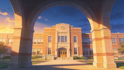 Obraz premium Framing stone arch and square pillars, central brick building glowing at plaza showing double doors