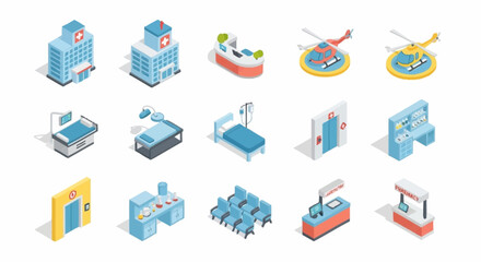 Naklejka premium Collection of isometric medical icons representing hospitals, clinics, and emergency services.