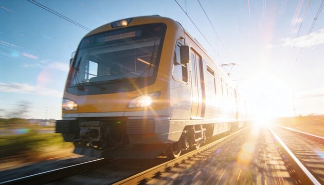Rushing pale-yellow electric train charging toward lens on rural tracks with headlights, lens flare