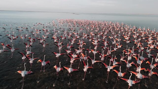 Aerial view of a flock of pink flamingos flying over the calm waters of a walvis bay, in namibia, africa