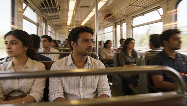 Sitting South Asian man wearing striped shirt looking forward in moving train car, with poles