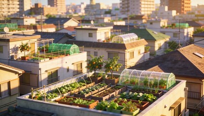 Fototapeta premium Featuring sunlit urban roof vegetable garden growing, with planter boxes, hoop houses, citrus trees
