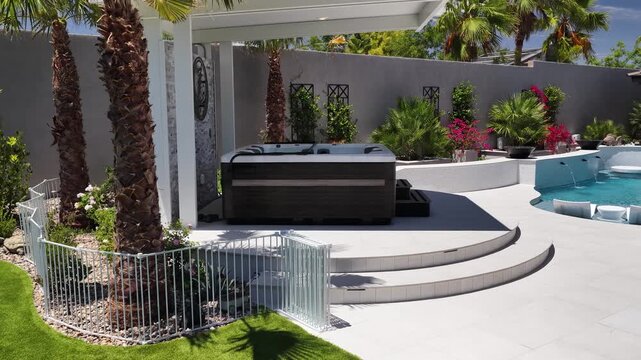 Luxury backyard hot tub spa under modern gazebo next to swimming pool 4K