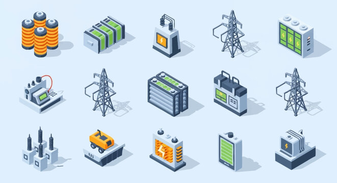 Collection of isometric icons representing various types of batteries and power generation equipment.