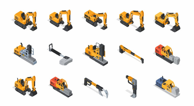 Collection of isometric construction vehicles and machinery on a white background.