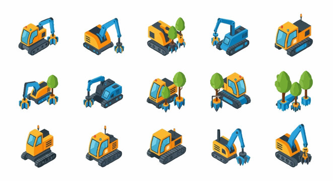 Collection of isometric construction vehicles and excavators with trees, representing industry and heavy machinery.