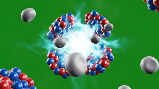 Nuclear fission reaction animation: atomic nucleus splitting with energy release on green screen