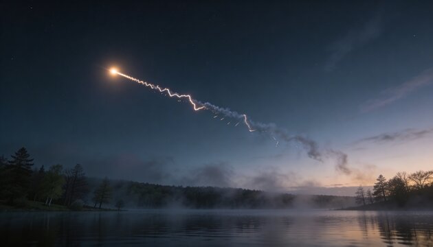 Streaking bright projectile leaving jagged glowing trail over forest lake at dawn with mist