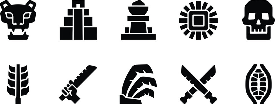 Ancient civilization and agriculture jaguar head vector icons set on white background