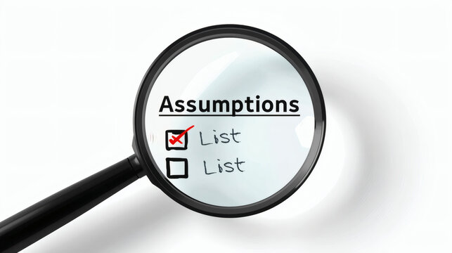 A Magnifying Glass Focusing On A Checklist Titled Assumptions With A Red Checkmark Next To The First Item