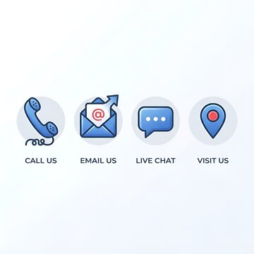 Contact Icons: Call, Email, Live Chat, Visit Us - Business Communication