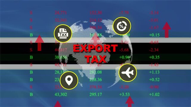 Global Export Tax Financial Concept: An abstract representation of global export tax and its financial implications, featuring a world map, stock market charts, and relevant icons.