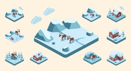 Isometric winter scenes featuring reindeer and snow-covered cabins, perfect for holiday and nature themes. © agussssss