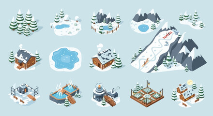 Naklejka premium Collection of isometric winter scenes and elements, including snowy trees, cabins, mountains, and winter activities.