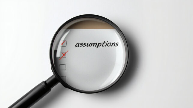 A Magnifying Glass Focusing On A White Notepad With The Word Assumptions Written Next To A Checklist Containing A Red Checkmark And A Crossed Out Checkmark