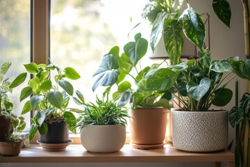 Fototapeta premium Plants enhance indoor spaces with biophilic design and minimalism in 8K resolution