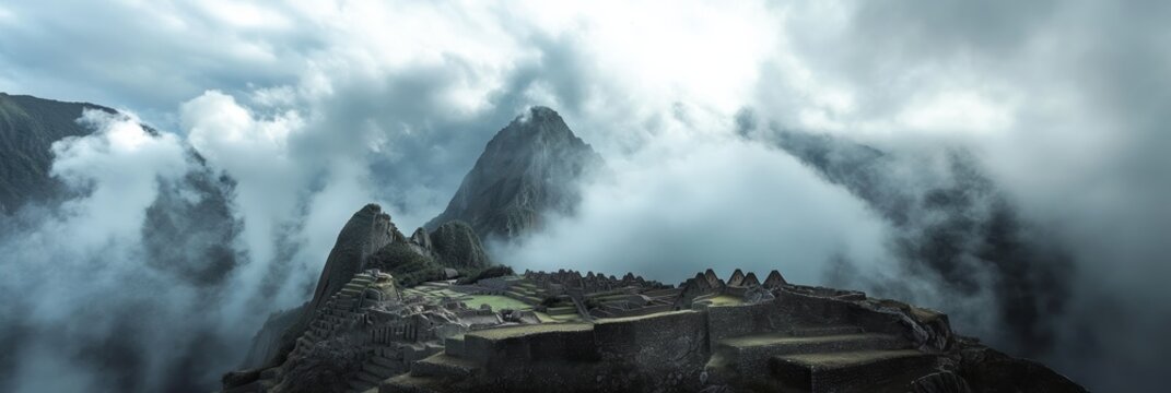 View of Machu Picchu with clouds in the background at a high resolution