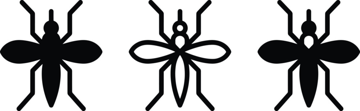 Set of black fly insect silhouettes in different poses on white background for design and editorial use