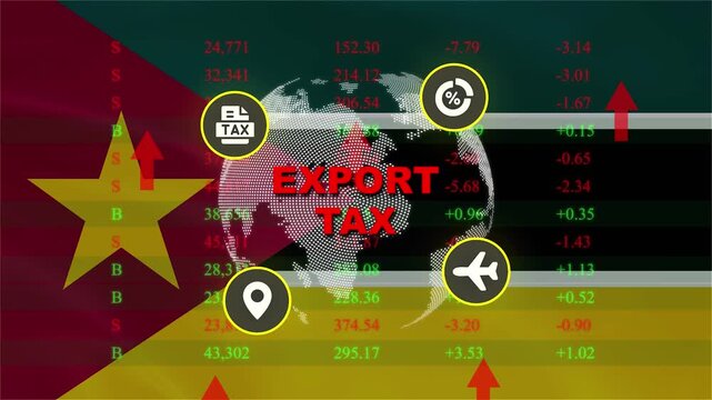 Export Tax: A visual representation of export tax, featuring a globe, transportation icons, and stock market data superimposed over a national flag.