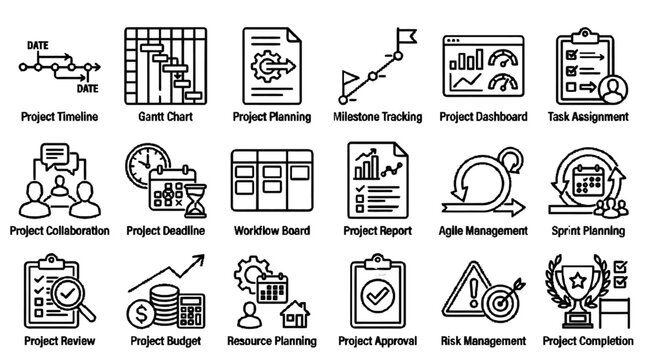 Comprehensive set of eighteen modern thin line icons for project management featuring agile methodology gantt chart workflow board and task tracking elements.