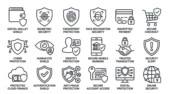 Comprehensive collection of cybersecurity line icons featuring biometric fingerprint scans, facial recognition, secure mobile banking, and encrypted data safety tools.