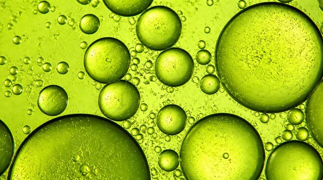 Close up of green oil bubbles and small emulsions floating in a green liquid.