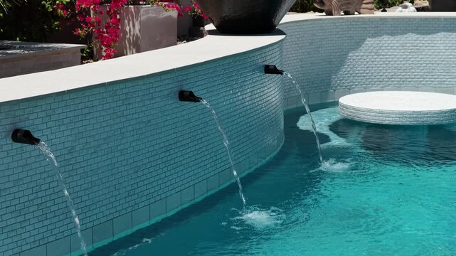 Backyard swimming pool water wall fountain feature on sunny day 4K