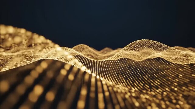 Golden data waves flow across digital landscape with particles and dots