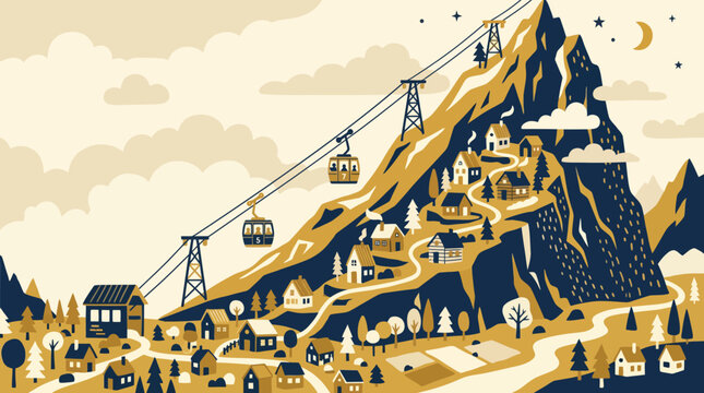 Stylized alpine mountain village and cable car illustration